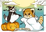  2020 ailurid biped chibi clothing dot_eyes duo english_text feral food fruit fur halloween halloween_costume hat headgear headwear hi_res holidays mammal mustela mustelid musteline plant pumpkin red_panda shi_nominmin stoat text white_body white_fur witch_hat 