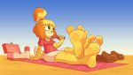  2020 4_toes accessory animal_crossing anthro barefoot beach beach_towel blush blush_stickers canid canine canis clothing day dipstick_tail domestic_dog eating feet female floppy_ears food foot_focus hair_accessory hi_res hotbrotcafe humanoid_feet isabelle_(animal_crossing) lunchbox mammal multicolored_tail nintendo sand sandwich_(food) seaside shih_tzu sitting sky soles solo thermos toes towel toy_dog video_games yellow_body 