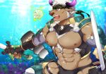  1boy abs alternate_costume animal_ears bara bare_chest bare_shoulders bulge bursting_pecs camouflage chest chest_hair chest_harness cow_boy cow_ears cow_horns fingerless_gloves furry gloves harness headband holding holding_sword holding_weapon horns male_focus male_swimwear muscle navel nipples pectoral_press purple_eyes purple_horns revealing_clothes shennong_(tokyo_afterschool_summoners) short_hair sideburns solo swim_briefs swimwear sword thick_thighs thighs tokyo_houkago_summoners underwater weapon white_hair yanai_inaya yin_yang 