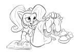  4_toes activision anthro bandicoot blush bodily_fluids coco_bandicoot computer crash_bandicoot_(series) female foot_focus hotbrotcafe laptop mammal marsupial monochrome sitting solo sweat toes toes_tied video_games wiggle 