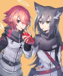  2girls animal_ear_fluff animal_ears arknights bangs black_gloves black_hair commentary_request detached_wings eating expressionless exusiai_(arknights) eyebrows_visible_through_hair fingerless_gloves food food_in_mouth gloves hair_between_eyes hair_over_one_eye halo holding holding_food jacket long_hair long_sleeves multiple_girls orange_background orange_eyes pocky red_eyes red_hair sasa_onigiri short_hair simple_background smile texas_(arknights) upper_body white_jacket wings wolf_ears 