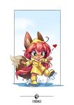  &lt;3 2020 4_fingers anthro breasts brown_body brown_fur canid canine chibi clothing coat feardakez female fingers fox fur green_eyes hair hi_res looking_down mammal on_one_leg raincoat red_hair simple_background smile solo standing topwear water white_background 