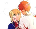  1boy 1girl ahoge appleale19 artoria_pendragon_(all) blonde_hair blood blood_on_face blood_splatter bloody_clothes emiya_shirou facing_away fate/grand_order fate/stay_night fate_(series) green_eyes hand_on_another&#039;s_cheek hand_on_another&#039;s_face korean_commentary limited/zero_over master_artoria red_hair role_reversal saber sad school_uniform sengo_muramasa_(fate) serafuku simple_background what_if white_background 