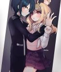  1boy 1girl ahoge akamatsu_kaede artist_name backpack bag bangs black_hair black_jacket black_pants blonde_hair blush breasts collared_shirt commentary_request dalrye_v3 danganronpa eighth_note hair_ornament hairclip hetero jacket layered_sleeves long_hair long_sleeves looking_at_another looking_to_the_side miniskirt musical_note musical_note_hair_ornament necktie new_danganronpa_v3 open_mouth pants pink_eyes print_skirt purple_skirt saihara_shuuichi school_uniform shirt short_hair sideways_glance skirt striped striped_jacket striped_pants sweatdrop sweater_vest wall_slam 