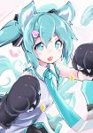  1girl akino_coto animal_ears aqua_eyes aqua_hair bangs blush cat_ears cat_tail fang gloves hatsune_miku highres looking_at_viewer necktie open_mouth paw_gloves paw_hair_ornament paws skin_fang solo tail twintails vocaloid 