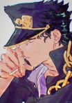 artist_name black_hair chromatic_aberration cigarette closed_mouth earrings expressionless eyebrows_visible_through_hat eyes_visible_through_headwear from_side hat highres holding holding_cigarette jewelry jojo_no_kimyou_na_bouken kusamura_dai kuujou_joutarou male_focus popped_collar shirt signature simple_background upper_body white_background 