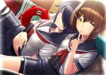  2girls bangs black_hair black_legwear black_sailor_collar black_skirt blush brown_hair closed_eyes closed_mouth commentary_request couch covered_navel creature enemy_lifebuoy_(kantai_collection) eyebrows_visible_through_hair finger_to_mouth furutaka_(kantai_collection) grey_eyes hair_ornament hair_over_one_eye hairclip hand_on_another&#039;s_shoulder hand_on_own_stomach heterochromia index_finger_raised indoors kako_(kantai_collection) kantai_collection long_hair looking_at_viewer midriff midriff_peek multiple_girls navel neckerchief on_couch pillow pleated_skirt red_neckwear sailor_collar school_uniform serafuku shirt short_hair short_sleeves shushing single_thighhigh sitting skirt sleeping smile striped thighhighs unowen white_shirt yellow_eyes 