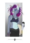  2020 anthro beverage blue_eyes bottomwear bra breasts canid canine canis clothing feardakez female fur grey_body grey_fur hair hi_res holding_beverage holding_object holding_phone mammal navel open_mouth pants phone purple_hair simple_background solo towel underwear wolf 