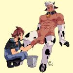  2boys animal_ears ariyah arm_support artist_name bara bell bell_collar blue_eyes blush brown_gloves brown_hair bucket closed_mouth clothed_male_nude_male cloud_meadow collar cow_bell cow_boy cow_ears cow_horns cow_tail english_commentary evan_(cloud_meadow) flaccid gloves highres hooves horns invisible_chair large_penis looking_at_another male_focus multiple_boys nipples nude overalls penis penis_milking precum_drip simple_background sitting squatting sweatdrop tail toned toned_male white_hair yaoi yellow_background 