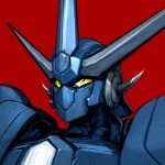  close-up getter_go getter_robo getter_robo_go horns ksenolog looking_up mecha no_humans red_background science_fiction solo super_robot yellow_eyes 