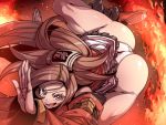  1girl ass brown_hair butt_crack chinese_clothes fire guilty_gear guilty_gear_xrd highres kuradoberi_jam long_hair looking_at_viewer open_mouth panties skirt solo thick_thighs thighs tukiwani underwear white_panties 