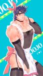  1boy absurdres alternate_hair_color apron ass bara bare_shoulders blue_eyes blush chest covered_abs covered_navel covered_nipples covering covering_crotch cowboy_shot crossdressing frilled_apron frills gradient_hair hair_ornament head_tilt highres jojo_no_kimyou_na_bouken joseph_joestar joseph_joestar_(young) male_focus medium_hair multicolored_hair muscle pelvic_curtain purple_hair see-through see-through_sleeves sideburns solo spread_legs thick_thighs thighhighs thighs xing_xiao 