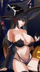  absurdres alternate_costume areola_slip areolae arm_support azur_lane bangs bare_shoulders bat bikini black_bikini black_legwear breasts bridal_gauntlets cleavage commentary_request crossed_bangs detached_sleeves hair_between_eyes halloween halloween_costume hat highres large_breasts long_hair nipples parted_lips pubic_tattoo pumpkin qwe_24 red_eyes revealing_clothes sitting strapless strapless_bikini swimsuit taihou_(azur_lane) tail tattoo thigh_strap thighs twintails very_long_hair wings witch_hat 