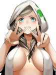  blonde_hair blue_eyes breasts double_v highres hood hoodie large_breasts looking_at_viewer nemu_(nebusokugimi) no_bra open_clothes open_shirt persona persona_5 smile takamaki_anne upper_body v 