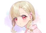  1girl :t absurdres blonde_hair blush bow braid close-up face hair_bow highres kashika_(siiika) looking_at_viewer original pink_background pink_bow pink_shirt pout red_eyes shirt short_hair sidelocks solo white_background 