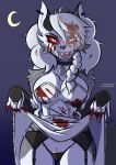  anthro blood bodily_fluids canid canid_demon capaoculta clothing demon dress ear_piercing female hellhound helluva_boss hi_res loona_(vivzmind) mammal monster piercing red_eyes solo wedding_dress white_body 