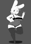  2020 absurd_res anthro beady_eyes big_breasts black_and_white breasts cheek_spots cleavage clothed clothing darky eyelashes female footwear full-length_portrait gelbun gesture hair half-closed_eyes hand_on_hip hi_res lagomorph legwear leporid looking_at_viewer mammal midriff monochrome narrowed_eyes navel on_one_leg one_eye_closed open_mouth open_smile portrait pose rabbit short_tail skimpy smile socks solo standing thigh_highs under_boob v_sign wide_hips wink 