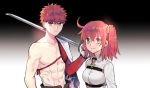  1boy 1girl appleale19 bare_chest emiya_shirou fate/grand_order fate_(series) fujimaru_ritsuka_(female) holding holding_weapon igote katana korean_commentary limited/zero_over looking_at_viewer medium_hair over_shoulder sengo_muramasa_(fate) shirtless short_hair side_ponytail simple_background smile sword weapon weapon_over_shoulder yellow_eyes 