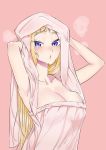  :o absurdres blonde_hair blush breasts cleavage dosanko_gyaru_wa_namaramenkoi drying drying_hair fuyuki_minami highres ikada_kai large_breasts looking_at_viewer naked_towel official_art open_mouth pink_background purple_eyes towel 