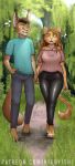  2020 5_fingers absurd_res anniversary anthro barefoot big_breasts blue_eyes blush bottomwear breasts caracal caracal_(genus) clothed clothing denim denim_clothing detailed_background digital_media_(artwork) domestic domestic_cat duo english_text felid feline felis female fingers forest fur grass hair hi_res jeans leaf leather male male/female mammal nikoyishi open_mouth outside pants shirt sky smile standing strolling sun sunny text toes topwear tree walking wallpaper 