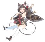  1girl :o animal_ears arms_up azur_lane bell black_hair black_kimono breasts cat_ears eyebrows_visible_through_hair fang floating fox_mask full_body hair_ribbon highres japanese_clothes jingle_bell kimono long_sleeves looking_at_viewer mask mask_on_head medium_breasts open_mouth paw_pose red_eyes ribbon sanze_(gokiburi_kirai) shoes short_hair simple_background solo straight_hair thighhighs thighs white_background white_legwear wide_sleeves yamashiro_(azur_lane) younger 