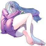  ;3 akira_tooru barefoot blue_eyes bow closed_mouth eromanga_sensei full_body hair_bow half-closed_eyes highres izumi_sagiri long_hair long_sleeves one_eye_closed pink_bow pink_shirt pink_shorts shiny shiny_hair shirt short_shorts shorts silver_hair simple_background smile soles white_background 