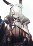  1girl animal_ears arknights backlighting blush bunny_ears closed_eyes coat facial_scar fixro2n frostnova_(arknights) hair_over_one_eye highres long_hair nose_scar pale_skin scar simple_background smile solo solo_focus translation_request upper_body white_background white_hair 