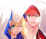  1boy 1girl appleale19 artoria_pendragon_(all) blonde_hair emiya_shirou face fate/grand_order fate/stay_night fate_(series) green_eyes korean_commentary limited/zero_over master_artoria one_eye_closed red_hair role_reversal saber sengo_muramasa_(fate) smile under_covers what_if yellow_eyes 