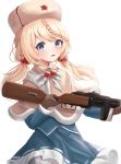  1girl absurdres bang bangs blonde_hair blue_dress blue_eyes blush braid brown_gloves dress finger_gun fur_hat girls_frontline gloves gun hair_bobbles hair_ornament hat highres holding holding_gun holding_weapon long_hair long_sleeves looking_at_viewer open_mouth ppsh-41 ppsh-41_(girls_frontline) smile solo submachine_gun ushanka weapon zipgaemi 