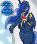  2020 aircraft airplane anthro anthrofied blue_eyes blue_hair blush clothing english_text equid female flight_attendant friendship_is_magic frist44 hair hasbro hi_res horn inside mammal my_little_pony open_door parachute princess_luna_(mlp) solo sparkles star_constellation star_constellations suit text winged_unicorn wings 