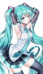  1girl absurdres armpits arms_behind_head arms_up bangs black_gloves black_legwear black_skirt blue_eyes blue_hair blue_neckwear collared_shirt commentary cowboy_shot elbow_gloves floating_hair gloves hair_between_eyes hair_ornament hatsune_miku hatsune_miku_(vocaloid3) headset highres itogari long_hair looking_at_viewer microphone miniskirt necktie open_mouth pleated_skirt see-through shiny shiny_hair shirt simple_background skindentation skirt sleeveless sleeveless_shirt solo standing thighhighs twintails very_long_hair vocaloid white_background white_shirt wing_collar zettai_ryouiki 