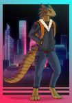  absurd_res anthro brown_body clothing detailed_background gradient_background green_eyes hi_res long_tail looking_aside male scales scalie signature simple_background smile solo standing wolfarion 