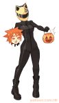  1girl :d animal_ears_helmet black_bodysuit black_footwear blush bodysuit boots celty_sturluson celty_sturluson_(cosplay) closed_eyes commentary cosplay demi-chan_wa_kataritai dullahan durarara!! facing_viewer full_body halloween halloween_basket helmet holding_head machi_kyouko motorcycle_helmet open_mouth orange_hair outstretched_arms rtil short_hair simple_background smile solo spiked_hair standing white_background 