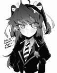  1girl bangs diagonal-striped_neckwear diagonal_stripes eyebrows_visible_through_hair gomoku_(gomoku418) highres looking_at_viewer monochrome night_raven_college_uniform school_uniform solo striped striped_neckwear twisted_wonderland two_side_up white_background yuu_(twisted_wonderland) 