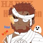  1boy bandages beard candy chest chibi facial_hair fidgeting flaming_eye food halloween halloween_costume happy_halloween hephaestus_(tokyo_houkago_summoners) highres index_fingers_together male_focus mummy_costume muscle naked_bandage nervous robinmouben short_hair solo thick_eyebrows tokyo_houkago_summoners upper_body 