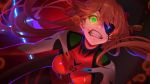  1girl bodysuit bracer eyepatch highres interface_headset long_hair miku19971114 multicolored multicolored_bodysuit multicolored_clothes neon_genesis_evangelion nerv open_mouth orange_bodysuit pilot_suit plugsuit rebuild_of_evangelion red_bodysuit red_hair shikinami_asuka_langley souryuu_asuka_langley teeth test_plugsuit tsundere 