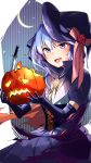  1girl :d bangs blue_eyes blue_hair blush bow breasts corset dress elbow_gloves eyebrows_visible_through_hair gloves hair_between_eyes halloween hat hat_bow highres holding hololive hoshimachi_suisei knife long_hair looking_at_viewer medium_hair open_mouth ribbon side_ponytail small_breasts smile solo star_(symbol) virtual_youtuber witch_hat yuyaiyaui 