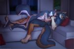  anthro biped black_body black_fur black_nose brown_body brown_fur canid canine canis claws duo fangs fur furniture lunalei lying lying_on_another male male/male mammal multicolored_body multicolored_fur sofa tan_body tan_fur white_body white_fur wolf 