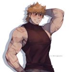  1boy addy_(@vegeebs) alternate_costume alternate_hairstyle arm_behind_head bangs bara bare_arms biceps blonde_hair blue_eyes blush boku_no_hero_academia chest covered_nipples hand_on_hip highres male_focus medium_hair messy_hair muscle navel sleeveless solo togata_mirio upper_body 