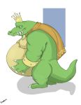  2020 absurd_res anthro belly big_belly canson cape claws clothing crocodilian crown donkey_kong_(series) fangs green_body hand_on_stomach hi_res jewelry king_k._rool kremling male moobs nintendo nipple_piercing nipples overweight overweight_anthro overweight_male piercing plantigrade reptile scalie sharp_teeth simple_background solo teeth video_games yellow_body 