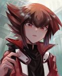  1boy black_shirt brown_hair duel_academy_uniform_(yu-gi-oh!_gx) jacket male_focus medium_hair multicolored_hair open_clothes open_jacket open_mouth red_eyes red_jacket shiny shiny_hair shirt sk816 solo two-tone_hair yu-gi-oh! yu-gi-oh!_gx yuuki_juudai 