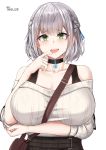  1girl bag bangs bare_shoulders between_breasts black_choker black_straps blush braid breasts choker cleavage eyebrows_visible_through_hair finger_to_mouth french_braid green_eyes hair_between_eyes handbag highres hololive hololive_fantasy large_breasts off_shoulder open_mouth ribbed_sweater shirogane_noel short_hair silver_hair skirt strap_between_breasts sweater tnolize virtual_youtuber white_background white_sweater 