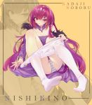  1girl artist_name bare_shoulders breasts chinese_commentary cleavage commentary_request dress fate/grand_order fate_(series) fur_trim katachi_noboru_nishikino long_hair no_shoes off-shoulder_dress off_shoulder panties pantyhose purple_dress purple_hair red_eyes removing_legwear scathach_(fate)_(all) scathach_skadi_(fate/grand_order) sitting striped striped_panties tiara underwear white_legwear yellow_background zoom_layer 