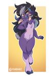  2020 amber_eyes anthro black_hair bovid breasts caprine feardakez featureless_breasts featureless_crotch female goat hair hi_res hooves horn mammal on_one_leg open_mouth purple_body simple_background smile solo standing 