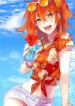  1girl :d bangs belt belt_buckle blue_sky buckle cloud cup eyebrows_visible_through_hair eyewear_on_head fate/grand_order fate_(series) flower fujimaru_ritsuka_(female) hair_between_eyes hair_ornament hair_scrunchie hawaiian_shirt hibiscus highres holding holding_cup jewelry long_hair looking_at_viewer midriff open_mouth orange-tinted_eyewear orange_hair pendant print_shirt red_flower red_shirt scrunchie shiny shiny_hair shirt short_shorts short_sleeves shorts side_ponytail sky smile solo stomach suki201mha sunglasses tied_shirt white-framed_eyewear white_belt white_shorts yellow_eyes yellow_scrunchie 