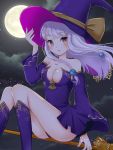  1girl alternate_costume bare_legs breasts broom broom_riding cleavage fire_emblem fire_emblem:_three_houses full_moon halloween halloween_costume hat highres large_breasts long_hair long_sleeves looking_at_viewer luseogliflozin lysithea_von_ordelia moon night night_sky open_mouth pink_eyes sky solo white_hair witch witch_hat 