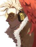  1boy absurdres blonde_hair boku_no_hero_academia face facial_hair feathered_wings from_side fur-trimmed_jacket fur_trim hawks_(boku_no_hero_academia) headphones highres jacket male_focus red_wings samuraisamurai stubble upper_body wings 