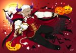  1boy :p alternate_costume animal_ears ass bara black_pants bulge chest cloak cow_boy cow_ears cow_horns cravat full_body furry halloween halloween_costume horns jack-o&#039;-lantern male_focus muscle pants pumpkin pumpkin_hat purple_eyes purple_horns shennong_(tokyo_afterschool_summoners) short_hair sideburns skull solo staff thick_thighs thighs tight tokyo_houkago_summoners tongue tongue_out vampire_costume white_hair yanai_inaya 