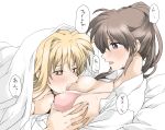  2girls black_bra blonde_hair blue_eyes blush bra breast_grab breast_sucking breasts brown_hair cleavage collarbone elf_(stroll_in_the_woods) fate_testarossa grabbing long_hair lyrical_nanoha mahou_shoujo_lyrical_nanoha_strikers multiple_girls on_bed open_mouth pink_bra red_eyes shiny shiny_hair shirt simple_background speech_bubble sweat takamachi_nanoha translation_request underwear white_background white_shirt yuri 