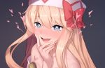  1girl :d bare_shoulders blonde_hair blue_eyes blush bow fingernails full-face_blush grey_background hair_between_eyes hand_on_own_chin hand_up hat heart heart-shaped_pupils ibuki_notsu lily_white long_hair looking_at_viewer nose_blush open_mouth red_bow round_teeth seductive_smile smile solo symbol-shaped_pupils teeth touhou upper_teeth white_headwear 
